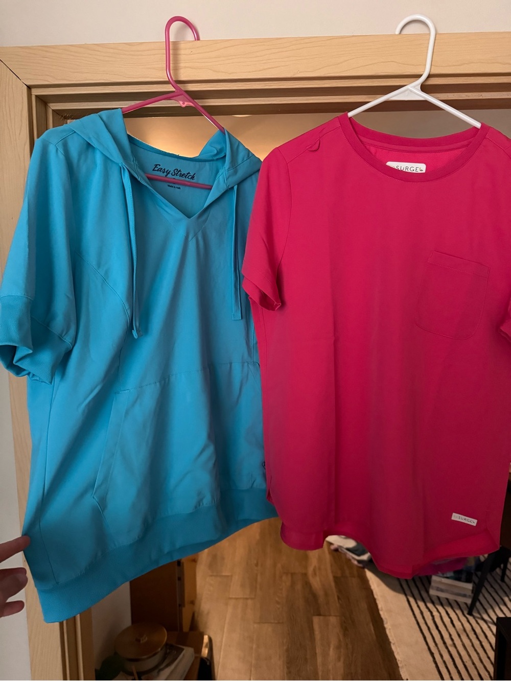 Easy Stretch Teal and pink Short-Sleeve scrub top. Blue has hood